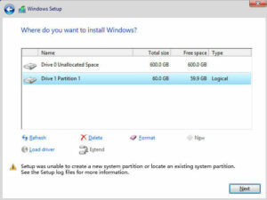"Setup was unable to create a new system partition or locate an existing system partition"